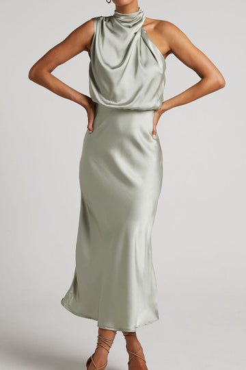 Satin Halter Cowl Neck Midi Dress