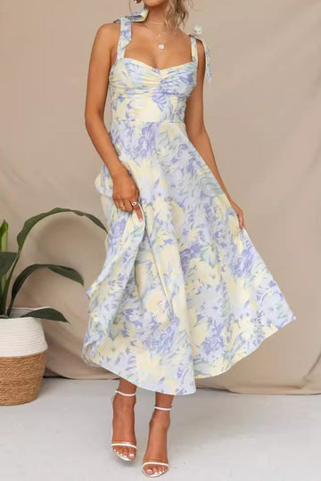 Floral Tie Shoulder A Line Midi Dress