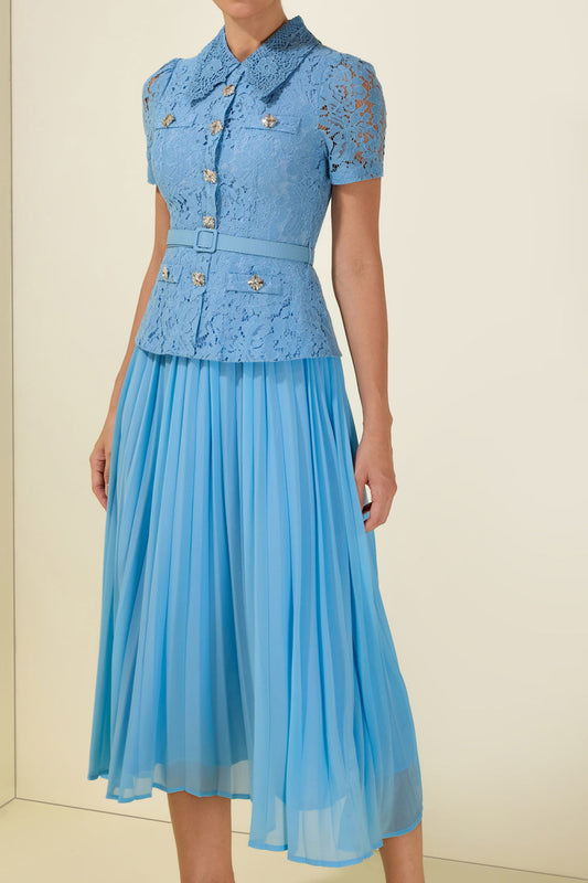 Lace Shirt Collar Pleated Midi Dress