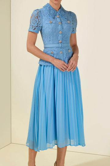 Lace Shirt Collar Pleated Midi Dress