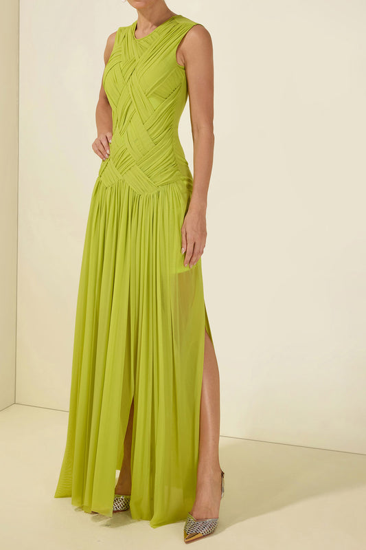 Cross Pleated Waist Slit Maxi Dress