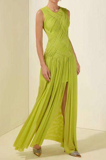 Cross Pleated Waist Slit Maxi Dress