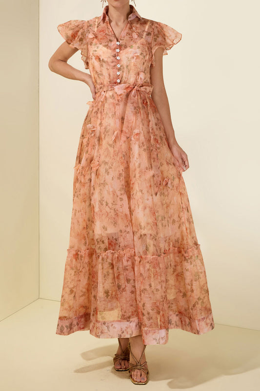 Floral Ruffle Sleeve Shirt Maxi Dress