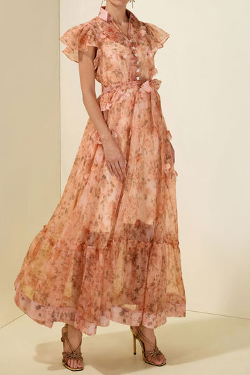 Floral Ruffle Sleeve Shirt Maxi Dress