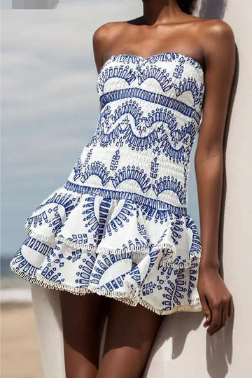 Strapless Floral Ruffle Mini Dress