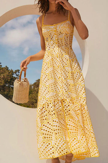 Printed Tie Strap Ruffle Maxi Dress