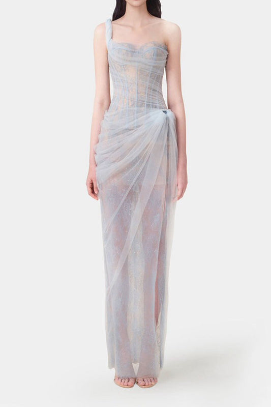 One Shoulder Sheer Corset Maxi Dress