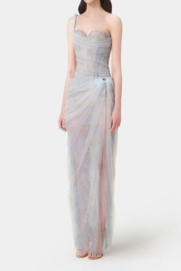One Shoulder Sheer Corset Maxi Dress