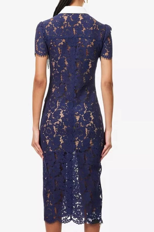 Lace Shirt Collar Midi Dress