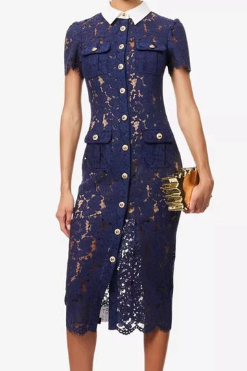 Lace Shirt Collar Midi Dress