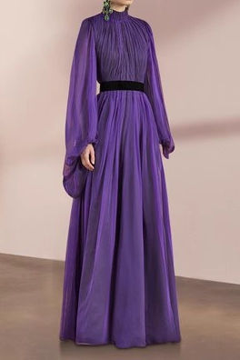 Pleated High Neck Long Sleeve Maxi Dress