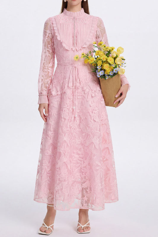 Lace Long Sleeve Belted Midi Dress