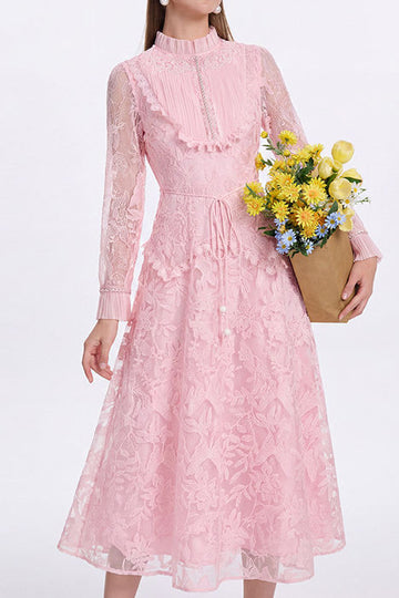Lace Long Sleeve Belted Midi Dress