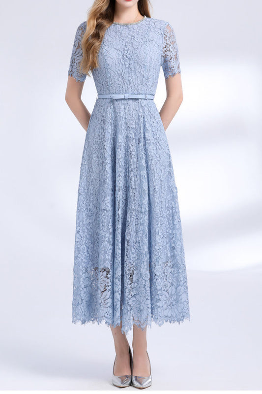 Lace Short Sleeve Belted Midi Dress
