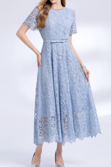 Lace Short Sleeve Belted Midi Dress