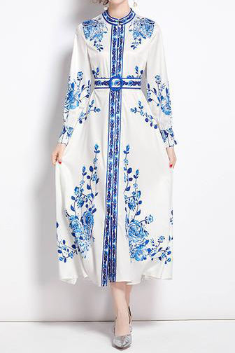 Blue Floral Long Sleeve Shirt Dress