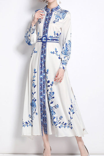 Blue Floral Long Sleeve Shirt Dress
