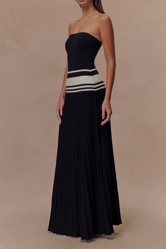 Strapless Contrast Pleated Maxi Dress