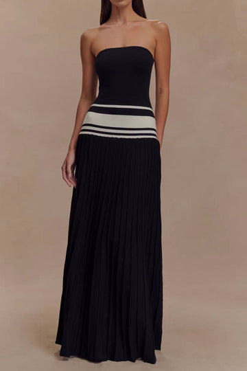 Strapless Contrast Pleated Maxi Dress