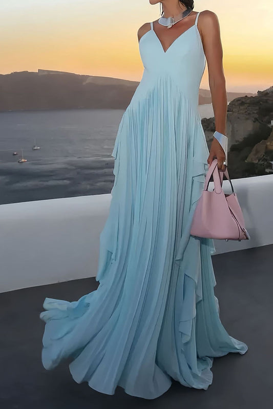 Plunge Ruffle Pleated Resort Maxi Dress