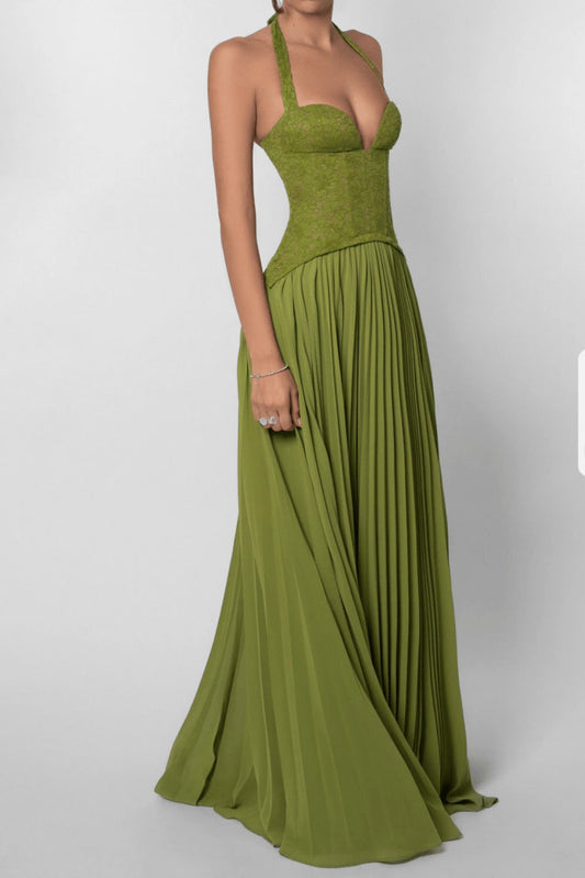 Lace Bodice Pleated Maxi Dress