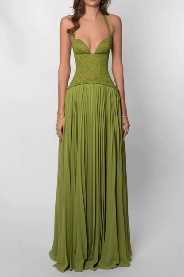 Lace Bodice Pleated Maxi Dress