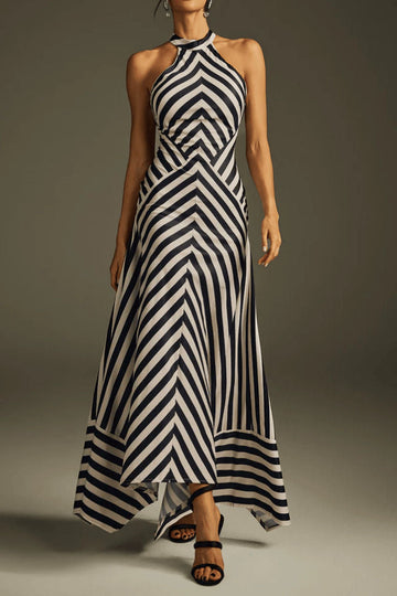 Halter Stripe Asymmetric Maxi Dress