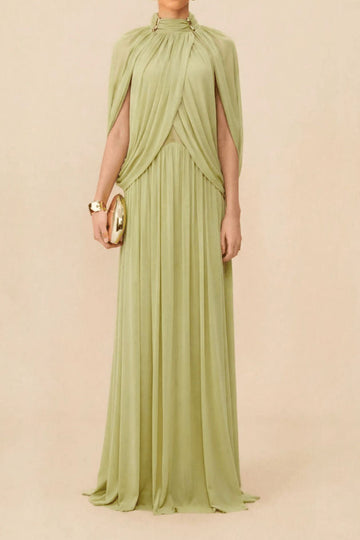Draped Cape Pleated Maxi Dress