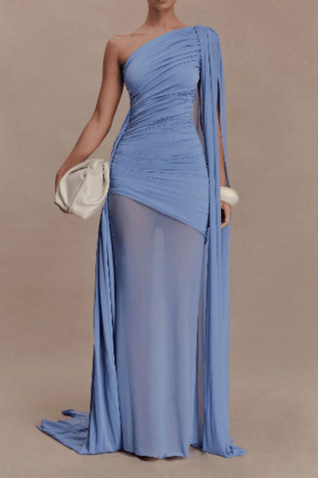 One Shoulder Ruched Sheer Maxi Dress