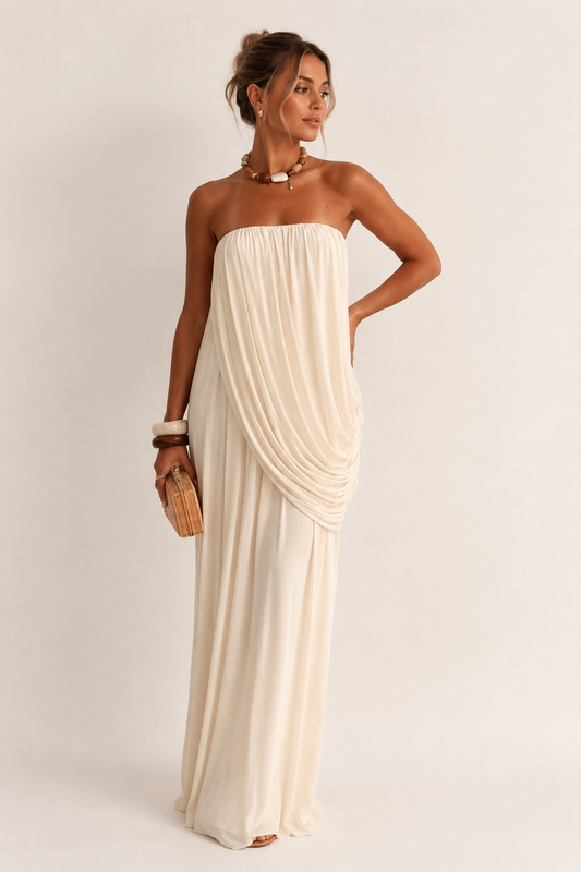 Strapless Draped Pleated Resort Maxi Dress
