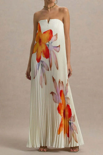 Floral Print Pleated Strapless Maxi Dress