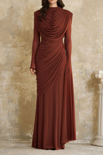 High Neck Ruched Long Sleeve Maxi Dress