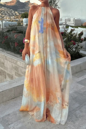 Halter Watercolor Flowing Resort Maxi Dress