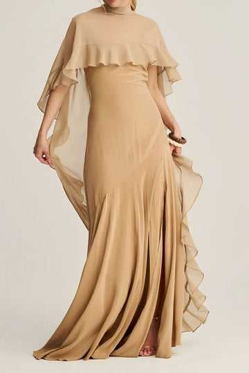 Ruffle Cape High Neck Maxi Dress