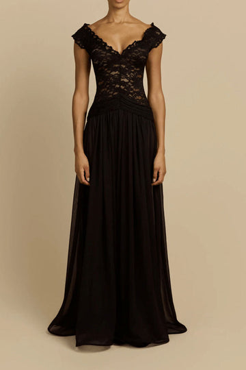 Lace V Neck Belted Maxi Dress