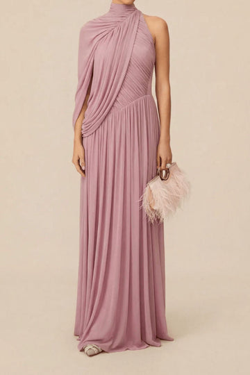 One Shoulder Pleated Flowing Maxi Dress