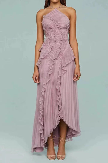 One Shoulder Ruffle Pleated Dress