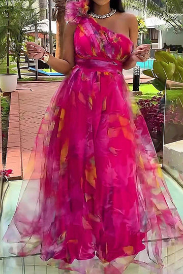 One Shoulder Organza Floral Gown