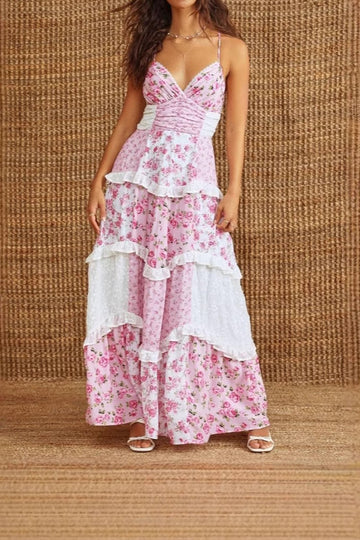 Patchwork Floral Halter Ruffle Maxi Dress