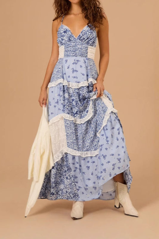 Patchwork Floral Halter Ruffle Maxi Dress