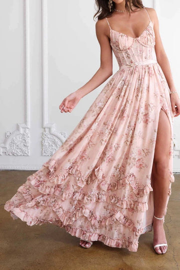 Floral Corset Split Ruffle Maxi Dress