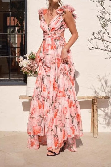 Floral Wrap V Neck Maxi Dress