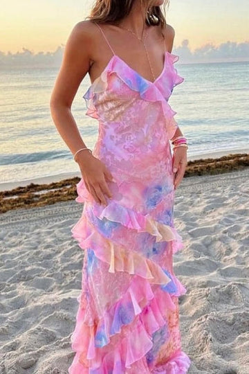 Ombre Ruffle Strap Maxi Dress