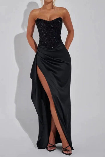 Sequin Strapless Split Evening Gown