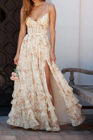Floral Ruffle Split Maxi Dress