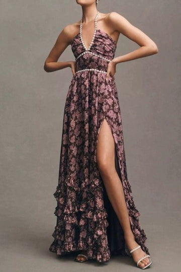 Floral Halter Split Maxi Dress