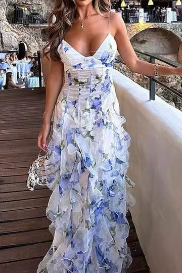 Floral Applique Ruffle Maxi Dress