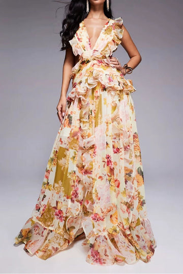 Floral Ruffle Flowy Maxi Dress