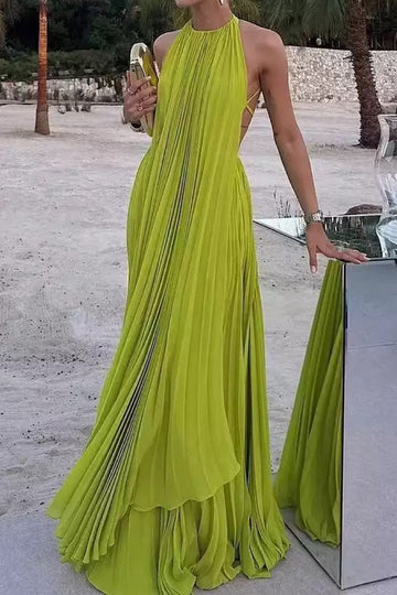 Pleated Halter Backless Maxi Dress