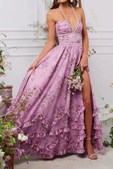 Floral Halter Tiered Split Maxi Dress